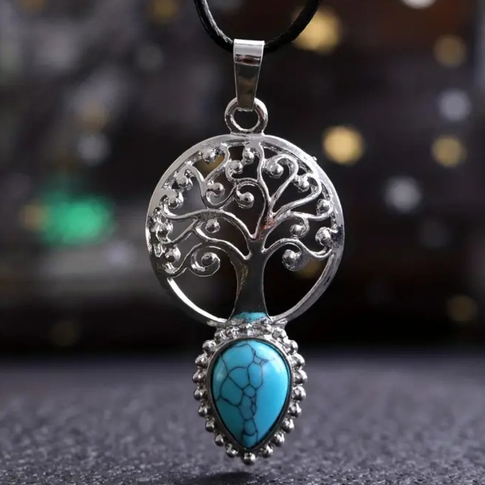 Turquoise Color Tree Of Life Drop Pendant Synthetic Stone Necklace - Picture 1 of 2